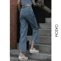 fall back slit high waist blue jeans womens straight loose loose 2021 new wide leg ninth pants summer female new solid trouser