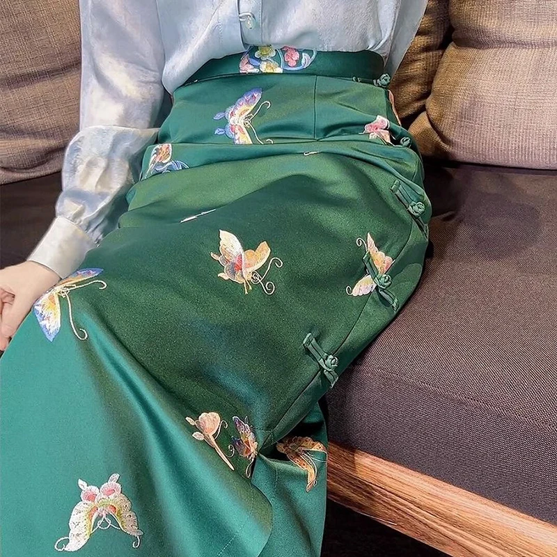 Женская трапециевидная юбка в китайском стиле с высокой талией