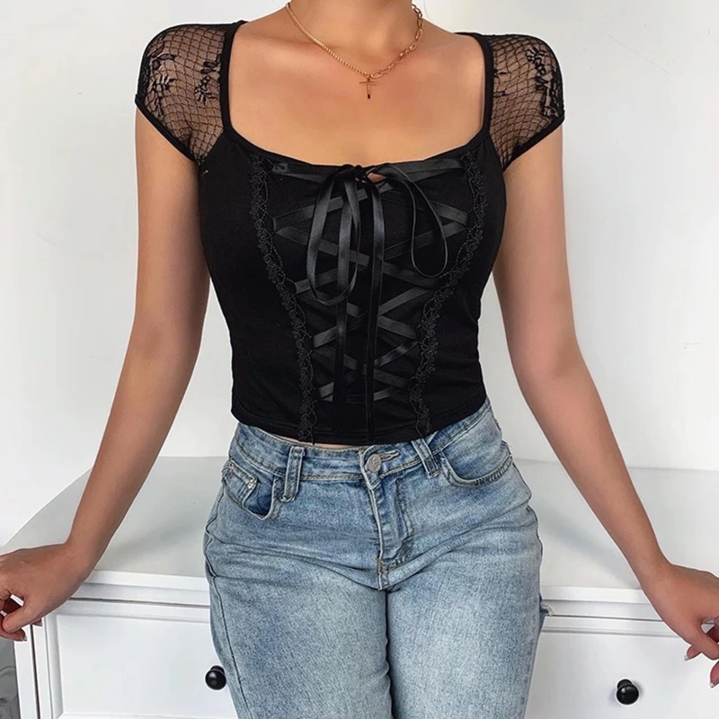 

Women Gothic Sexy Square Neck Crop Top Lace Short Sleeve Bandage Slim T-Shirt