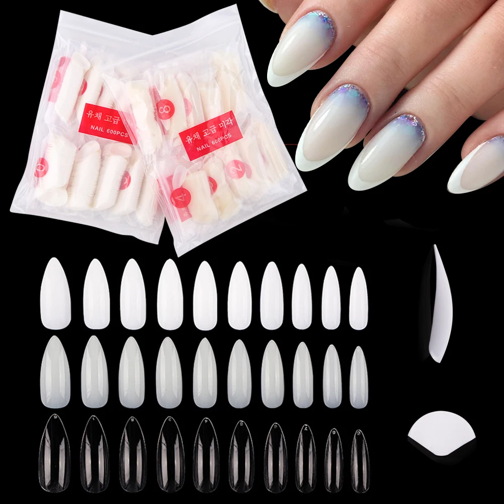 

600Pcs/Bag Full Cover Fake Nail Artificial Press on Long Almond/Water Drop Clear/Nature False Coffin Nails Art Tip Manicure Tool