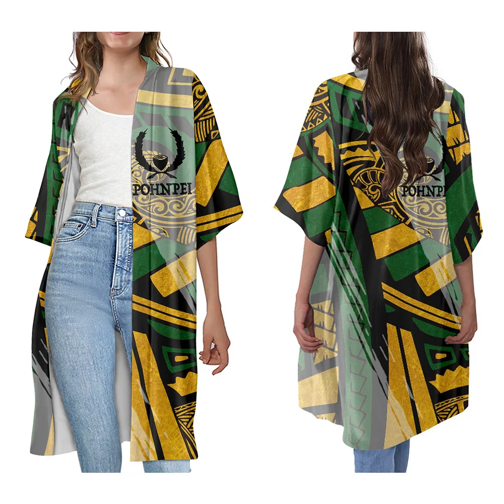 

Женское кимоно с коротким рукавом, полинезийская Этническая Одежда с логотипом понпей, с принтом зеленого и желтого цветов, модный кардиган...