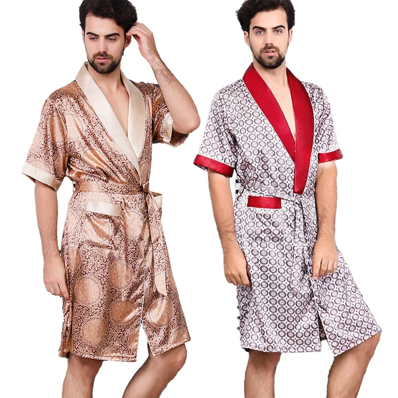 

Ночная рубашка мужская из полиэстера, длинный тонкий простой халат с коротким рукавом, натуральный дом, топ для сна, роскошный винтажный ким...