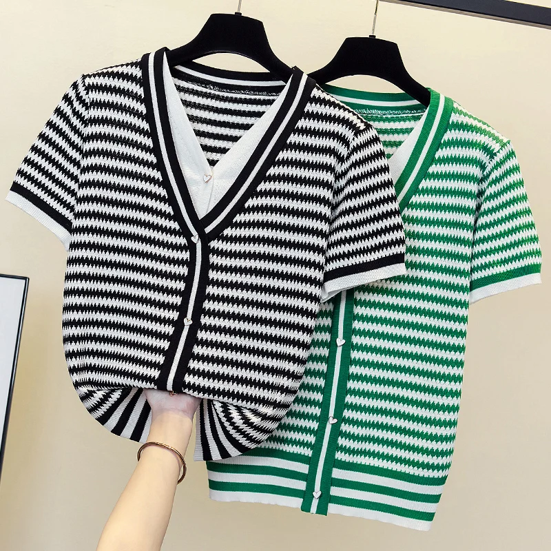 

2022 Women Summer Sweater Summer tops V-Neck Short sleeve Jumper Sweater Wavy stripes Casual Knitted Pullover Thin T-shirt