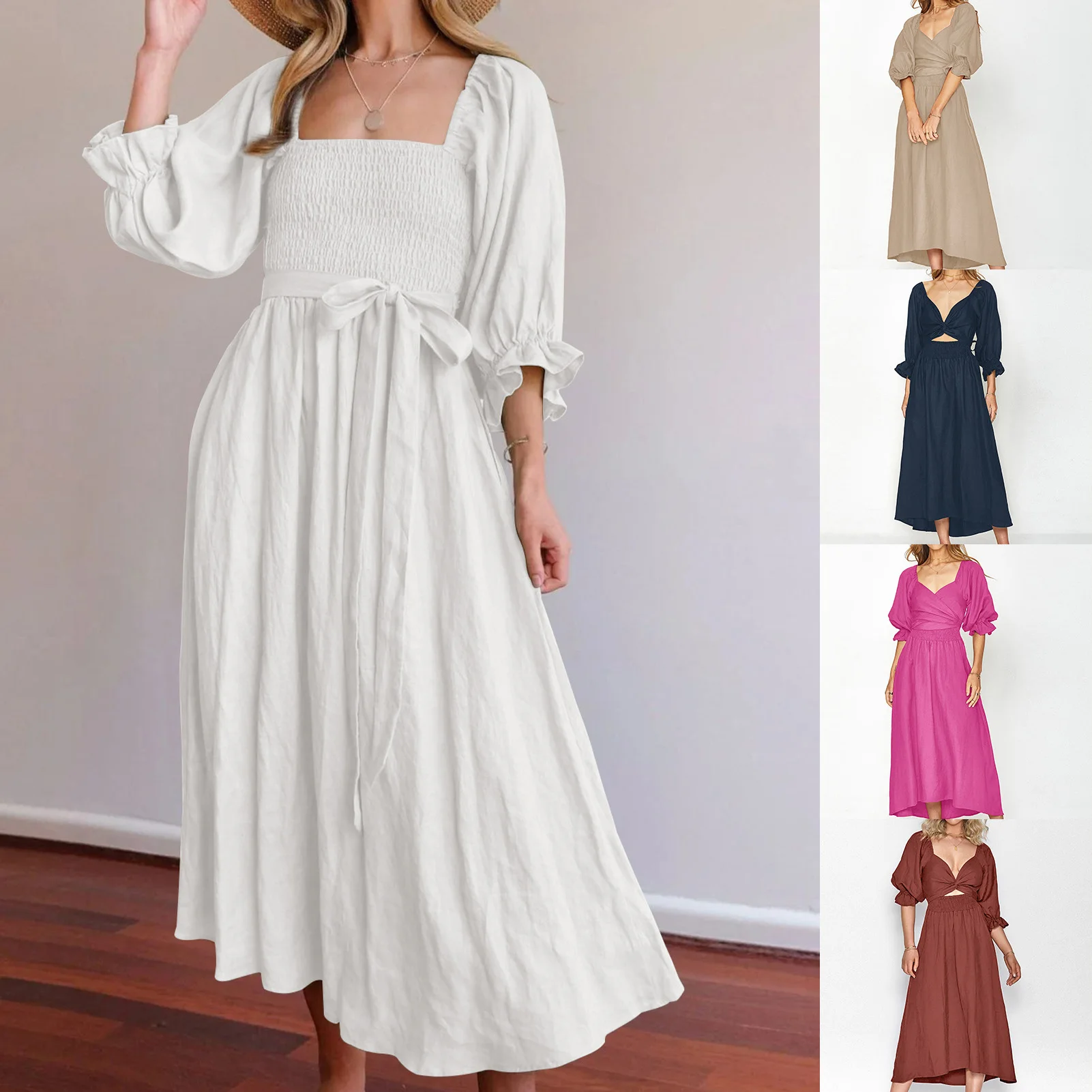 

V Neck Waist Cut Out Elastic Cotton Green Dress Lantern Sleeve Backless Maxi Summer Dress Elegant Ladies Long Sundress 2023