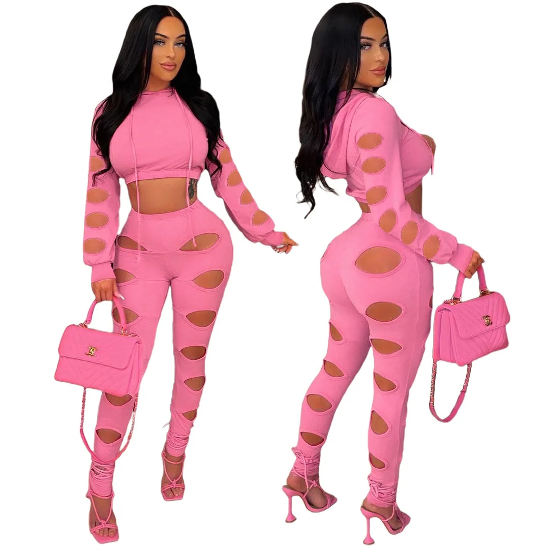 

Sexy Hollow out Hoodie Tracksuit 2 Pieces Sets Women Corset Long Sleeve Crop Top and Long Pants Party Clubwear 2022 Club Outfits