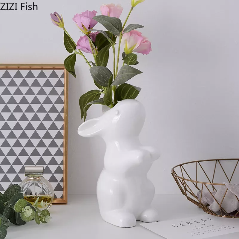 

NEW2023 Nordic Creative ceramics vase rabbit lovely arrangement Simulated animal Modern home Decorative ornaments Children'