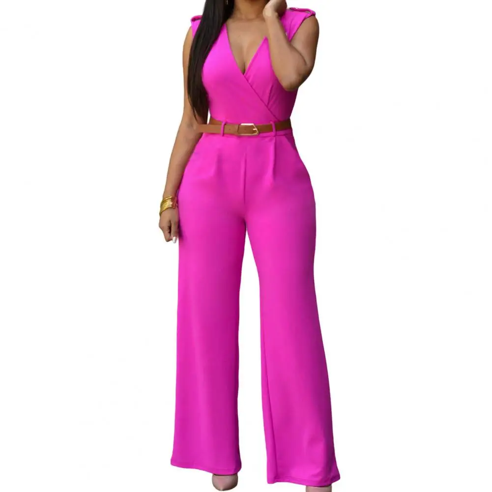 

Women Jumpsuit Lady Solid Color Slim Fit Deep V Neck High Waist with Belt Tight Waist Summer Jumpsuit Suit With Belt Playsuit