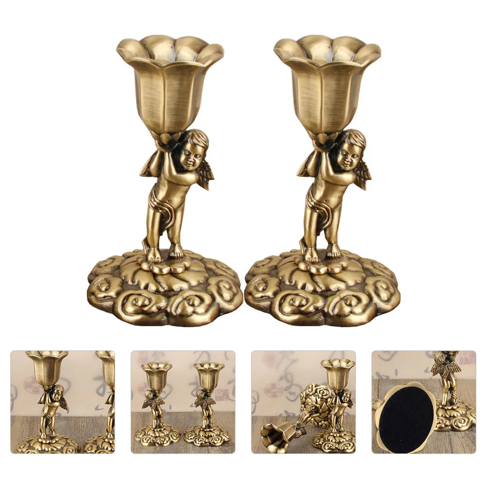 

2 PCS European Style Candlestick Decoration Stand Metal Retro Cylindrical Holder Zinc Alloy Ornament Vintage Dating Pillar