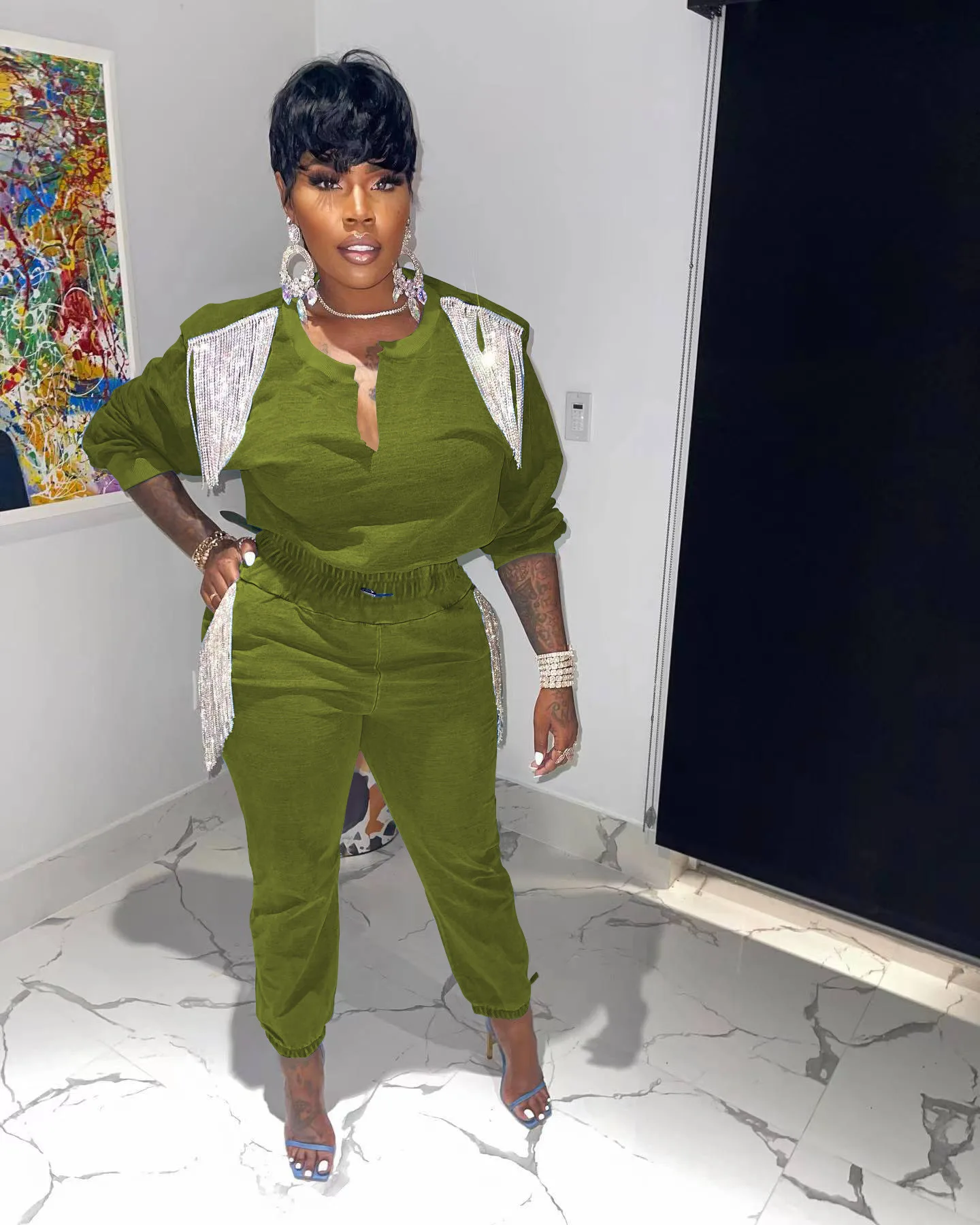 Casaul Women Tassel Two Piece Set Shirt + Long Pants Sportsuit Matching Set Streetwear Clothes For Women Outfit