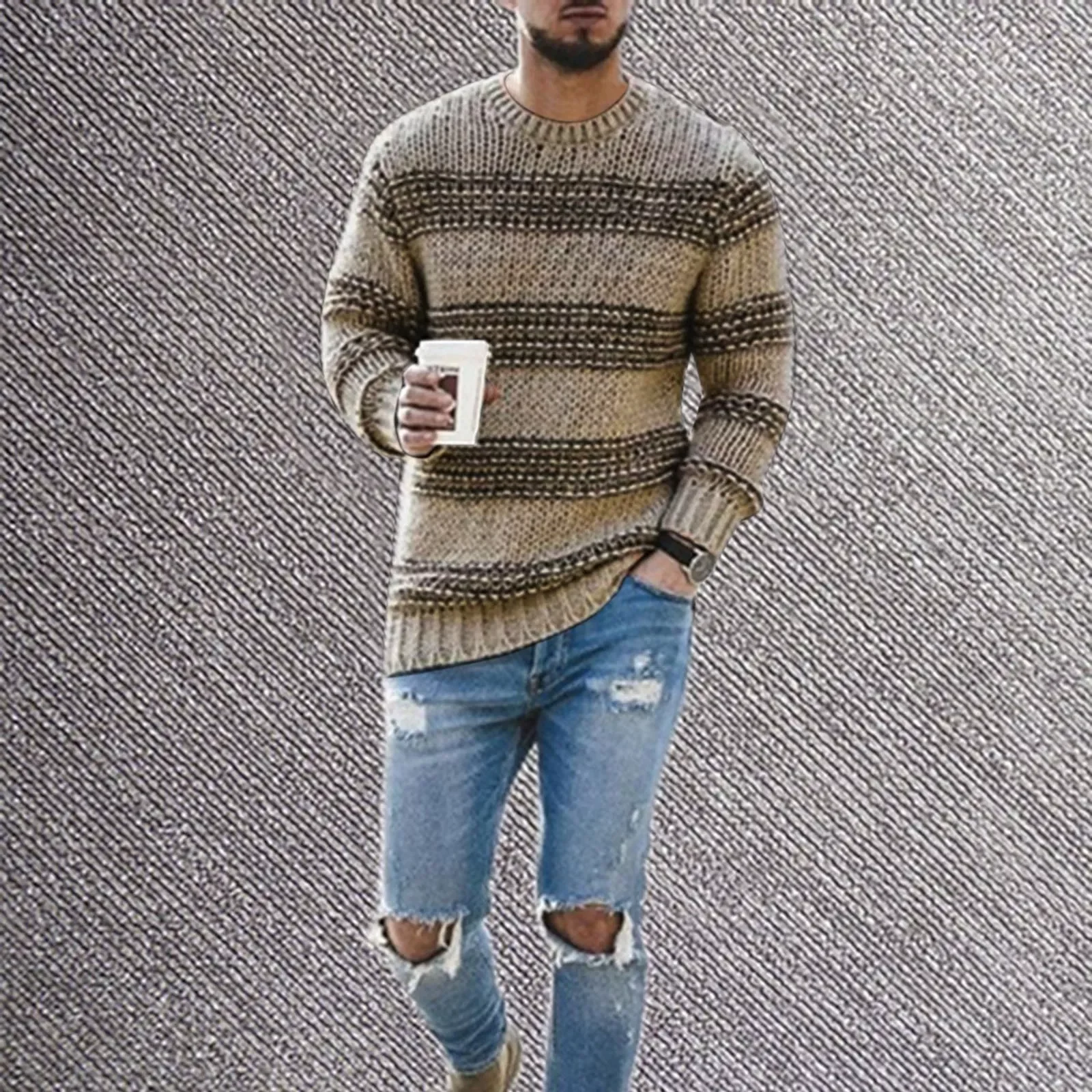 

Мужской пуловер, свитер, высококачественный полосатый вязаный свитер с круглым вырезом, модные повседневные теплые свитера Кофта ская 2021