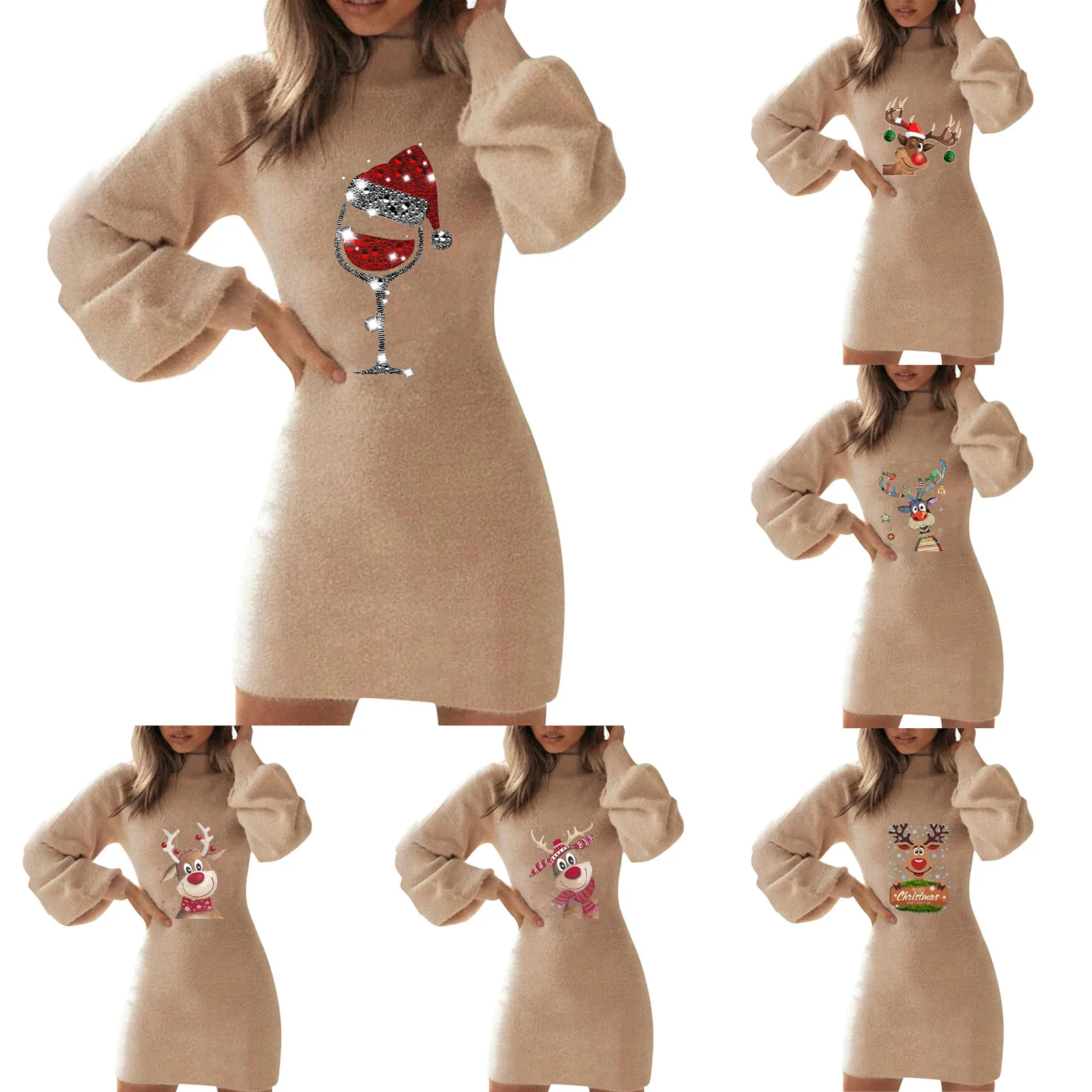 

Женское рождественское платье, новое приталенное платье с рождественским принтом и длинным рукавом-фонариком, повседневное удобное бархат...