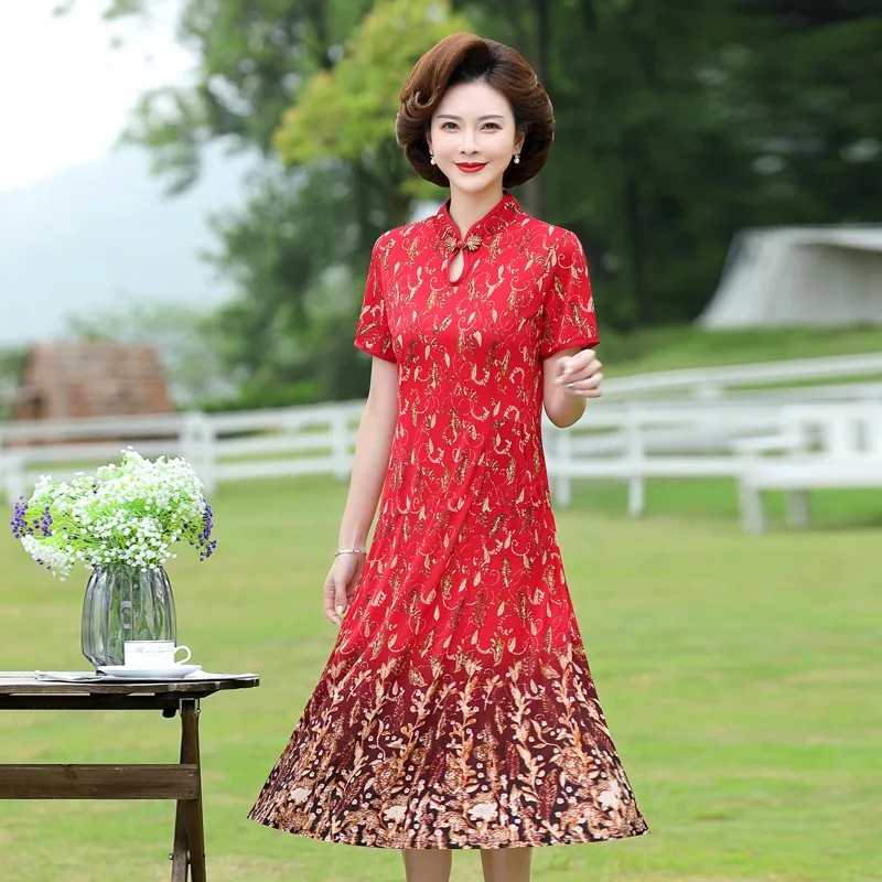 

Retro Improved Cheongsam Ladies Dress Elegant positioning flower Chinese Stand Collar Flower Short Sleeve Midi Dress Womens