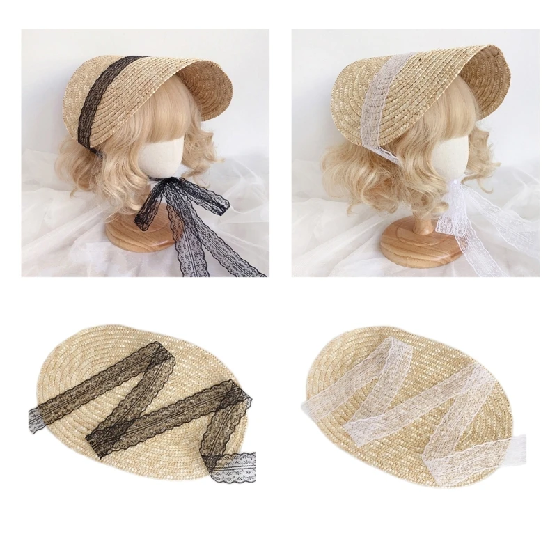 

Соломенная шляпа LolitaStyle для женщин и девочек, викторианская шляпа для чаепития, кружевная лоскутная шляпка, тканая вручную