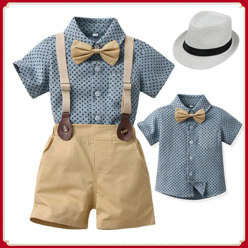

Baby Boy Bow Gentleman Clothes Blue Polo Shirt + Khaki Shorts with Suspenders Kids Children Holiday Outfits Short Sleeve Sets
