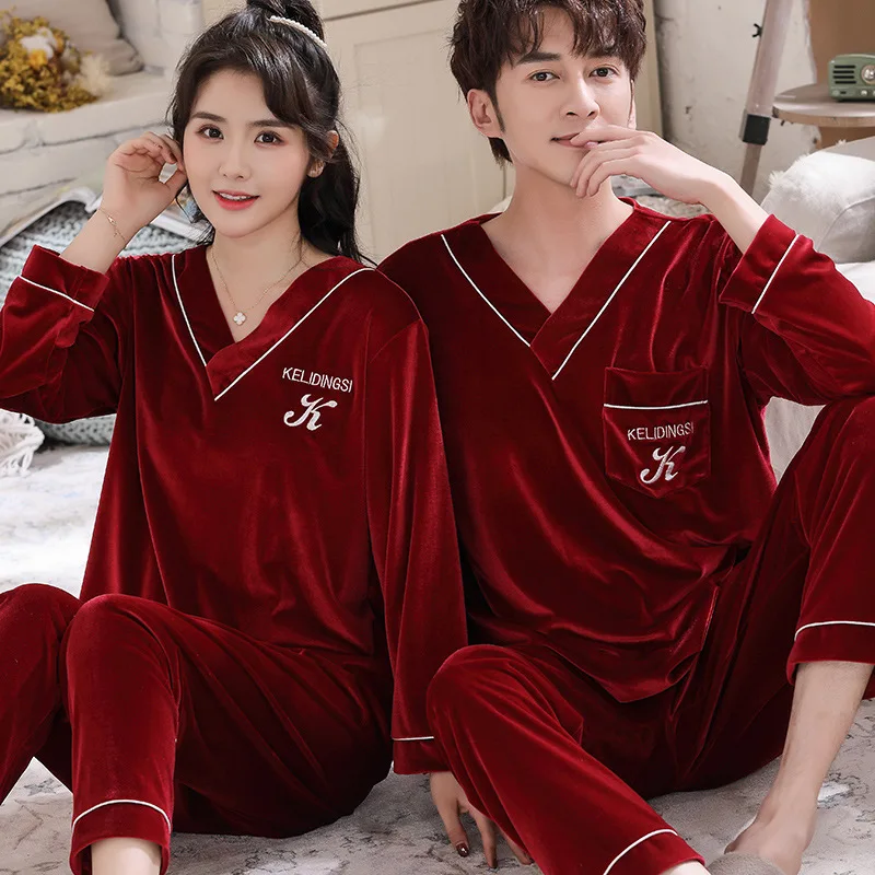 

Autumn Winter Young Pant Set Couple Men Warm Women Long Gold Pajamas Pyjama Sleepwear Top+ Sleeve Loose Lover Velvet Pijama