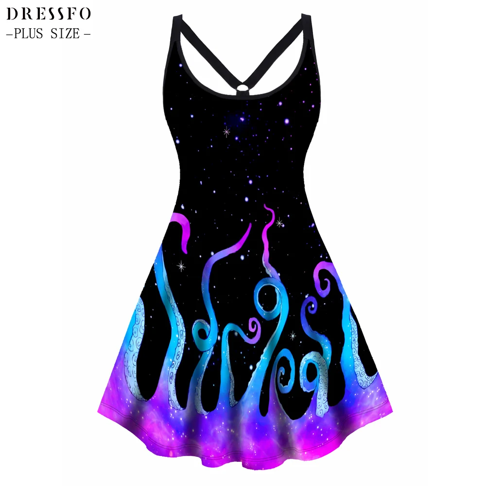 

DL-5X Plus Size Mini Dress Galaxy Octopus Print Cut Out High Waisted Robe Curve Fashion Women Marine LIfe Print Vestido Feminino