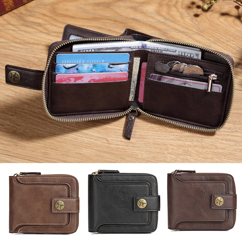 

Pu Leather Short Purse For Men Zipper Mini Wallet Coin Purse Clutch Driver's License Holder Vintage Buckle Small Wallets Male