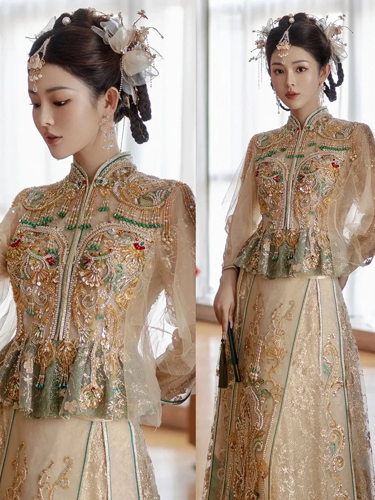 Chinese Wedding Dress Cheongsam Vintage Champagne Qipao Women Oriental ...