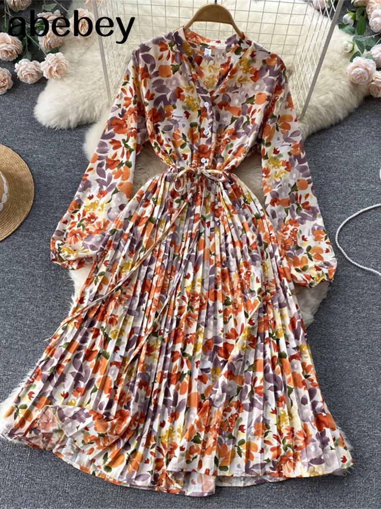 

Женское плиссированное платье в стиле бохо, Элегантное Длинное платье с длинным рукавом и цветочным принтом, в стиле ретро, весна-осень 2022