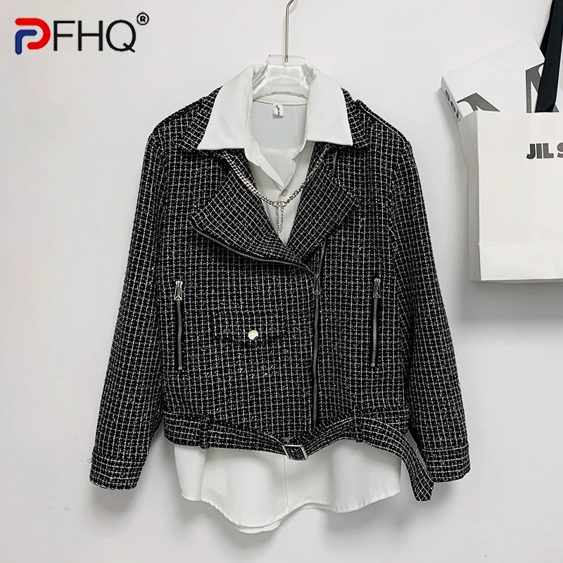 

PFHQ Autumn Men's Trendy Plaid Jackets Lapels Personalized Darkwear Baggy Woven Zippers Pocket Motorcycle Tide Warm Coat 21Z1232