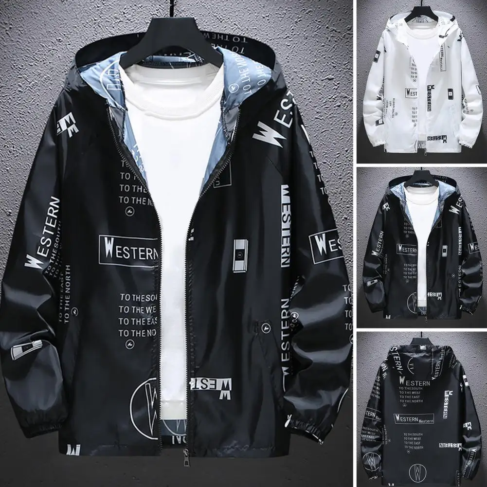 

Men Windbreakers Hooded Jacket Zipper Closure Anti-UV Breathable Windproof Elastic Cuff Letter Print Cool Coat Male Outerwear