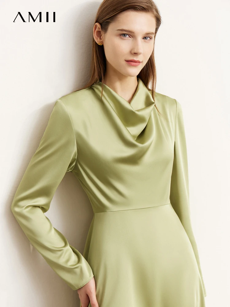AMII Minimalism Satin Dress 2022 Autumn New Solid Fashion Elegant Slim French Style Chic Swinging Collar Midi Dress 12240911