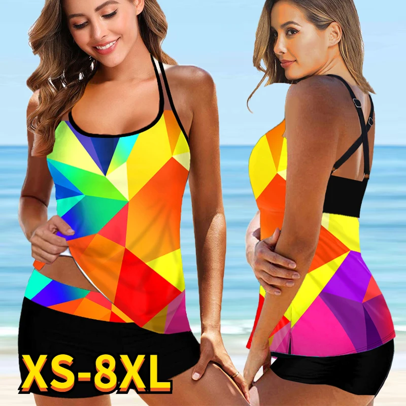 

2022 New Plus Size Ladies Swimwear Two-Piece Tankini Rainbow Print Bodysuit Women Vintage Summer Beachwear Swimwear Bathing Suit