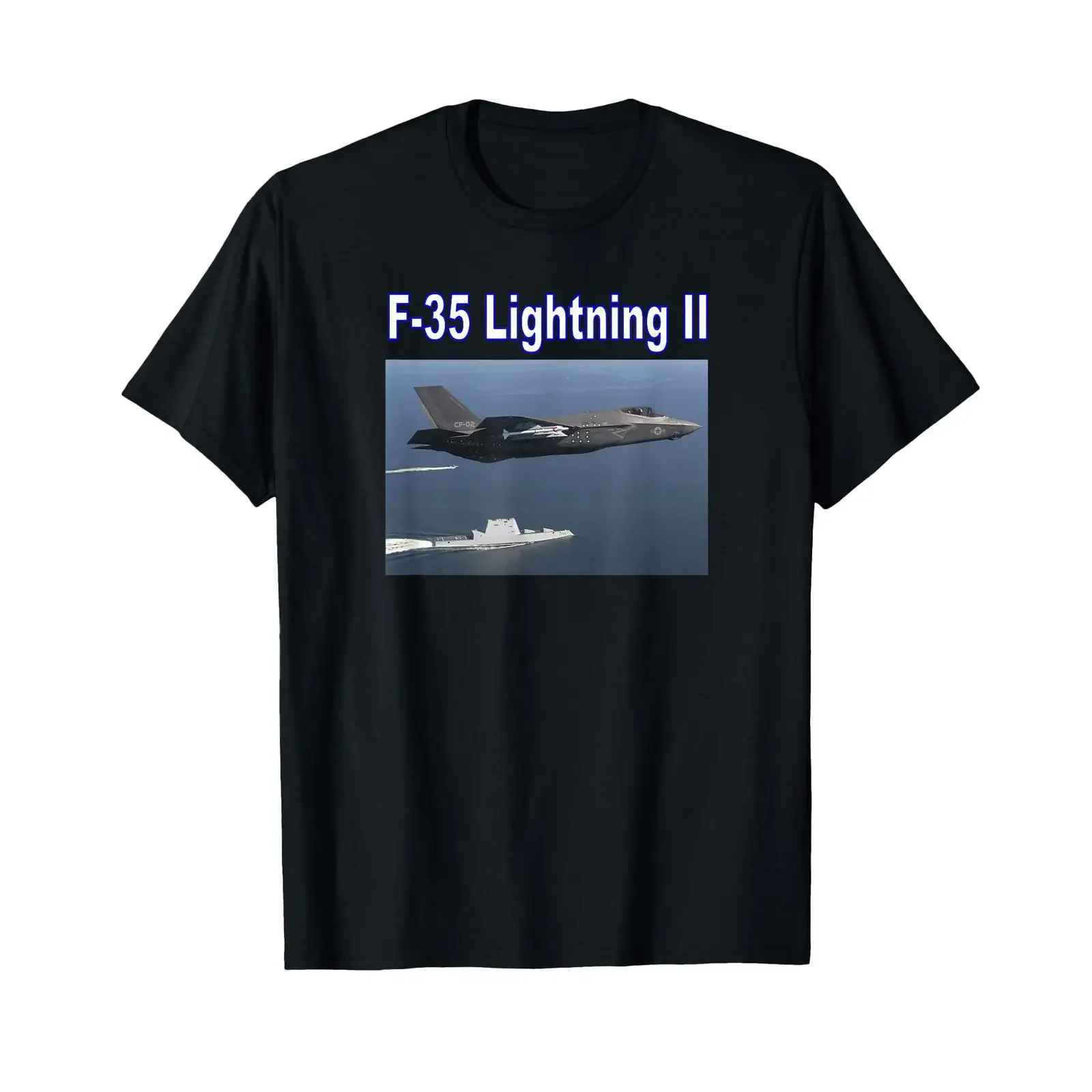 Фото Футболка F 35 Lightning II Flies over USS Zumwalt, винтажная, дизайнерская, с эффектом потертости, универсальная, дышащая, мягкая, слегка унисекс. №1