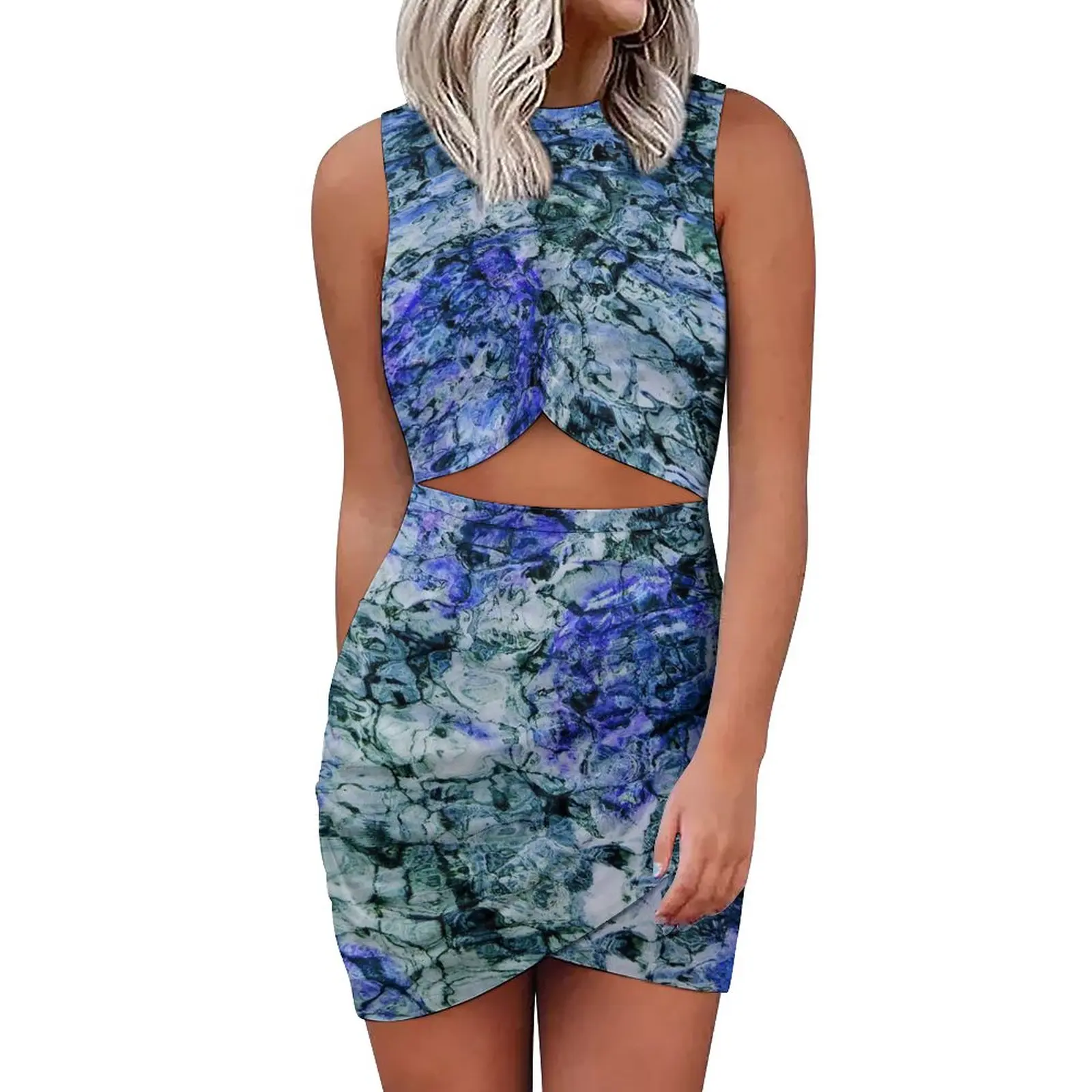 

Blue Abstract Print Bodycon Dress Summer Digital Art Vintage Dresses Lady Sleeveless Graphic Korean Fashion Dress Large Size 5XL