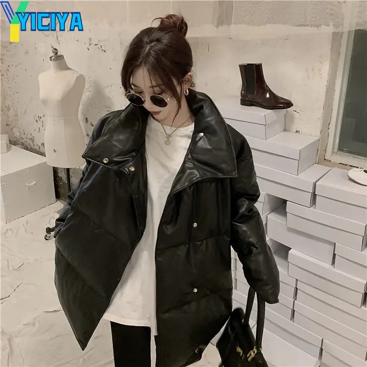 YICIYA Parkas Woman Winter 2023 Vintage Stand-collar Coverd-button Leather Jacket Puffer-coats Women Solid Trendy Leisure Simple