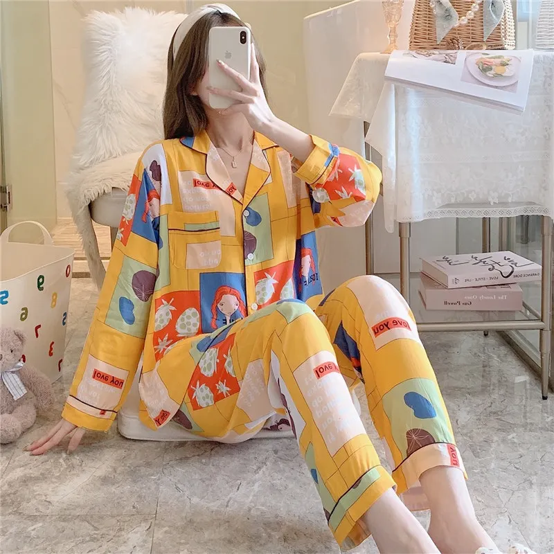 Vicose Pajamas Set Women Spring Autumn Thin Long-sleeved Two-piece Suit Printing Soft Multicolor 2XL Home Clothes Sleepwear