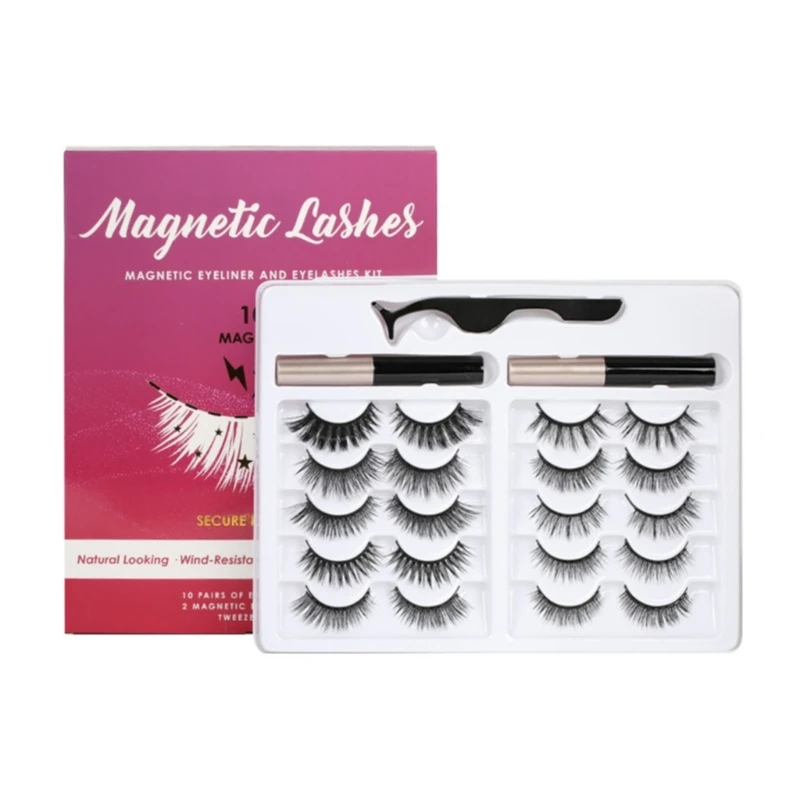 

10 Pairs Magnetic Eyelashes False Lashes Repeated Use Eyelashes Waterproof Liquid Eyeliner With Tweezer Makeup Set