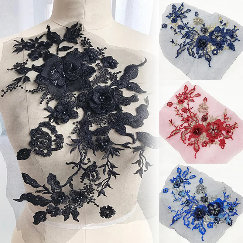 

Lace Fabrics Embroidery DIY Applique Embroidery Wedding Dress Costume Decoration Patches Colorful Flowers Sew Pearl