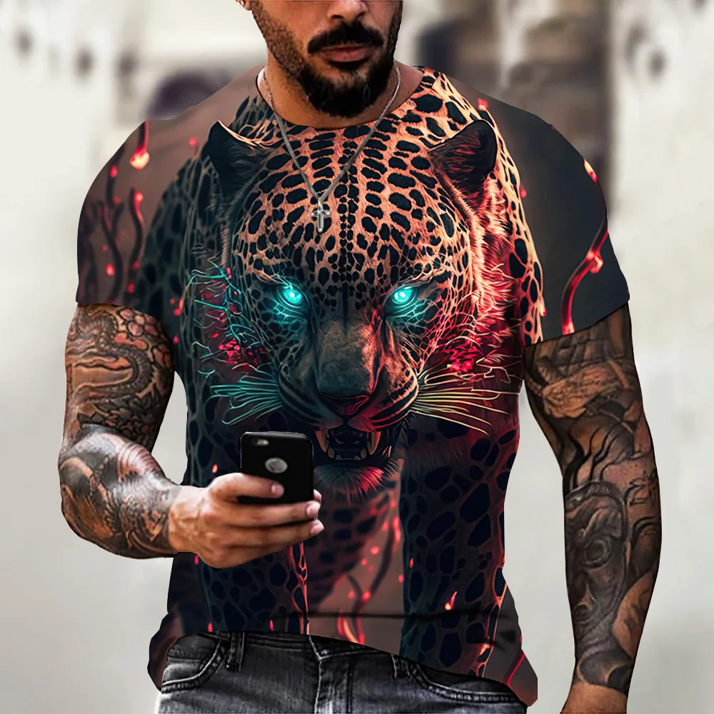 

Vintage Animal T-Shirt Mens T Shirt 3d Fierce Leopard Print Tee Summer Short Sleeve Holiday T Shirt Loose Clothing Male Pullover