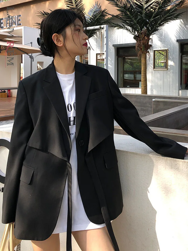 LANMREM Black Irregular Bandage Blazer Lapel Long Sleeve Loose Fit Female Suit Jacket Fashion Femme 2023 Spring New 2R3336