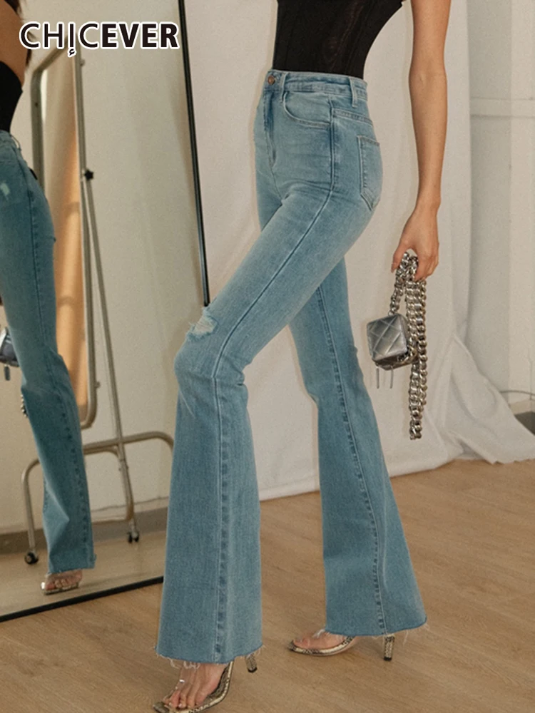 

CHICEVER Korean Fashion Solid Long Jeans For Women High Waist Patchwork Holes Flare Denim Pants Female 2022 Clothing Spring New