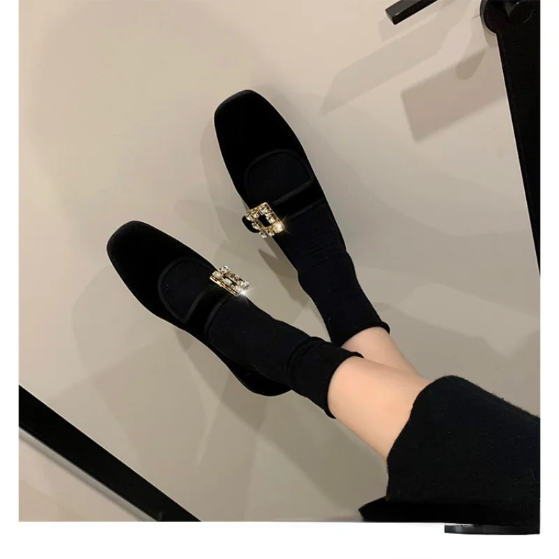 Female Mary Jane Shoes Women Flat  PU Solid Color Elastic Band Square Low Cut Non Slip  Sports   for