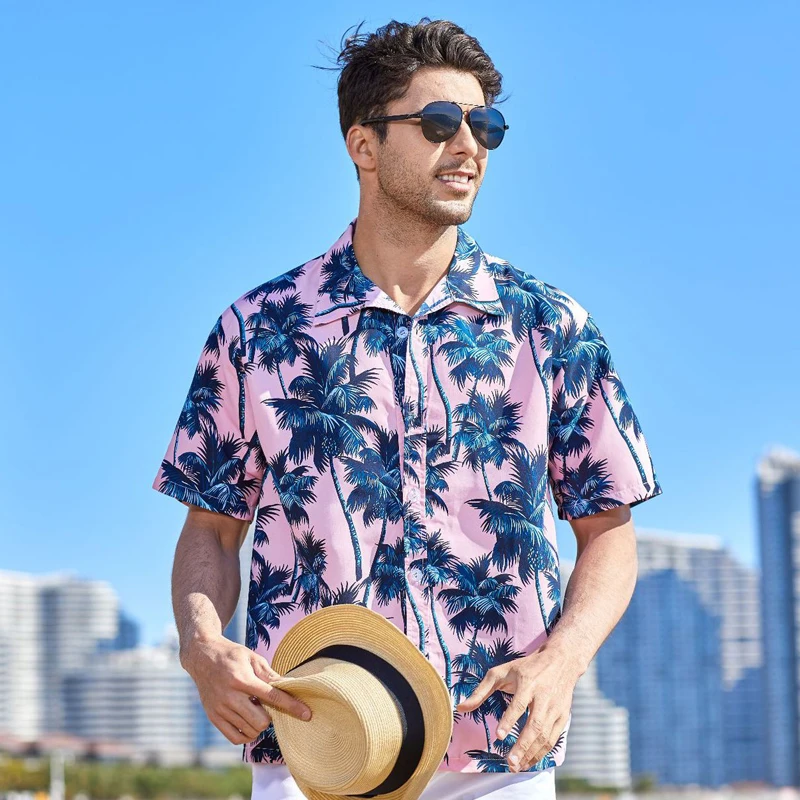 

Summer Breathable Hawaiian Shirts Men Coconut Tree Printed Short Sleeve Button Down Vacation Chemise Homme Plus Size 3XL 4XL 5XL