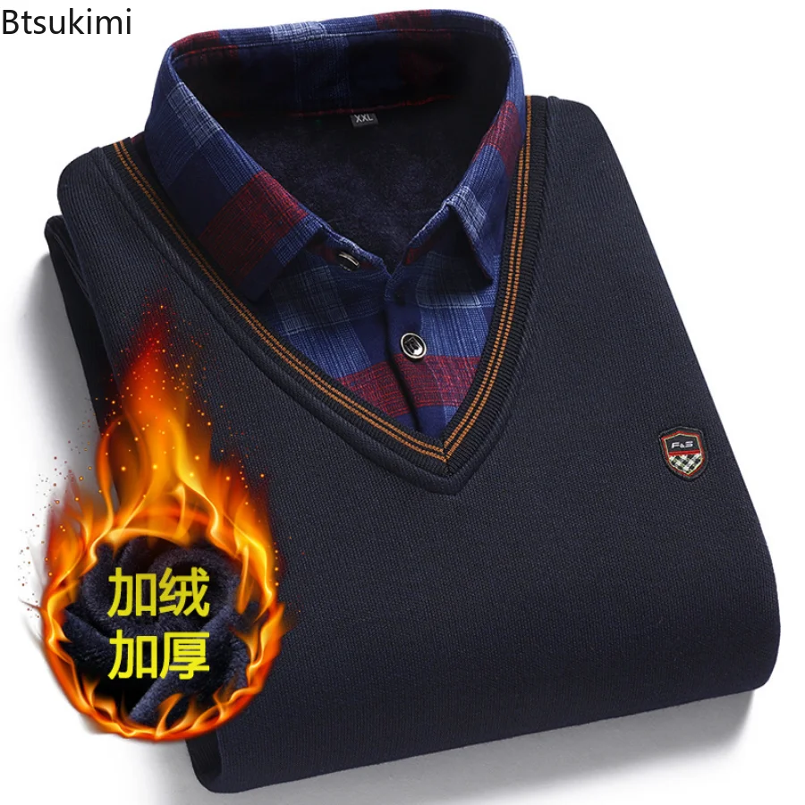 

New Autumn Winter Warm Sweater Men Fake Two-piece Grid Thicken Knitted Male Basic Sweater Pullover Shirt Jumper Sweater Male2022
