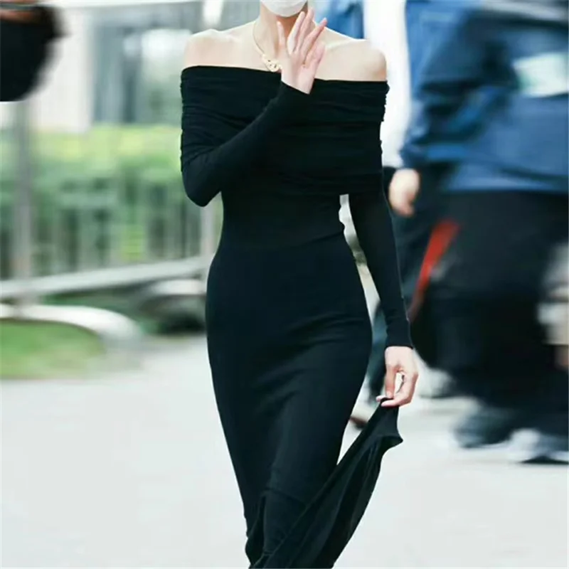 

Sexy One Off Shoulder Dresses Solid Color Waist Tuck Long Dress Fashion Fall 2023 Elegant Ladies Party Club Dresses Women