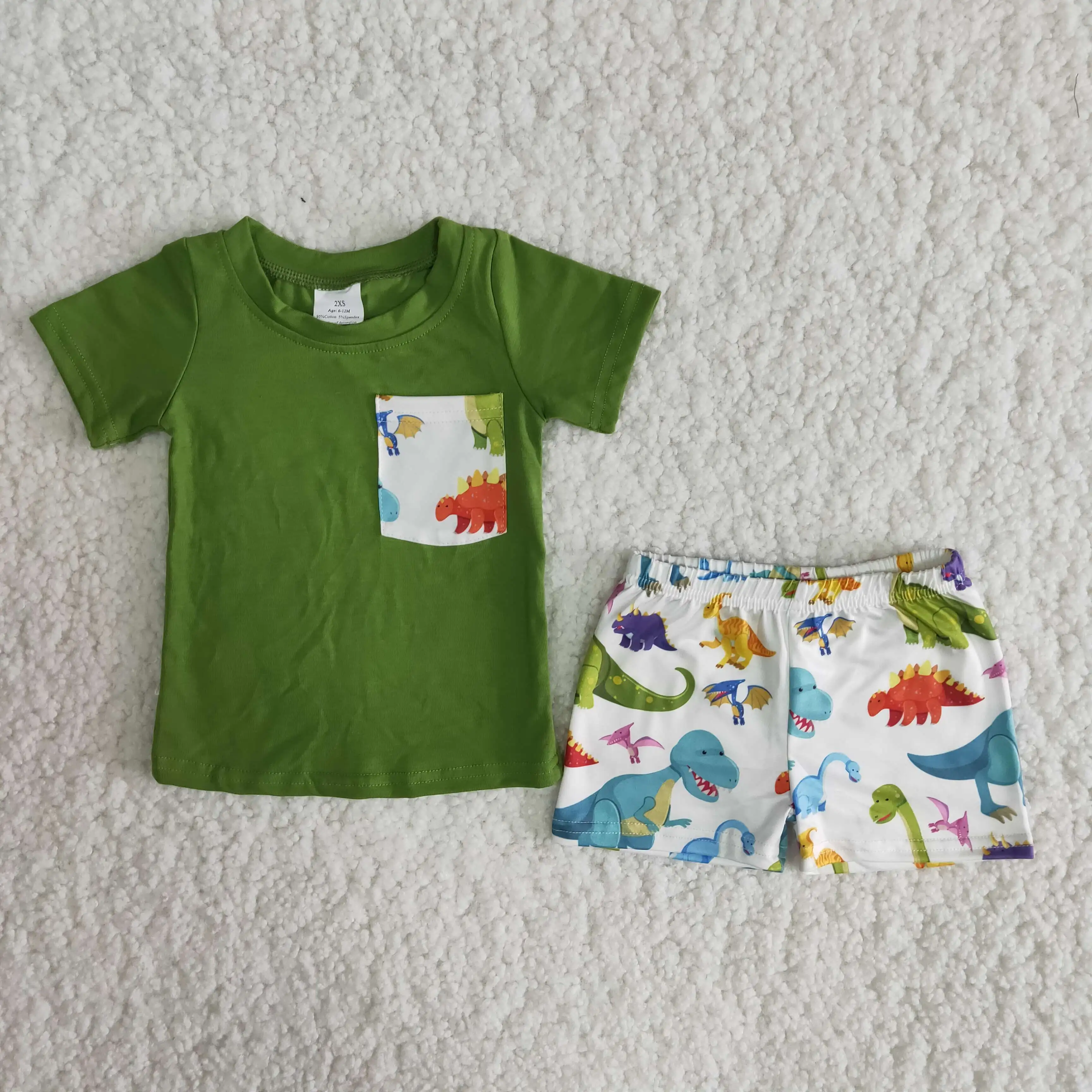 

Boutique baby boy cloth dark green with pocket shirt cartoon shorts handsome summer customized boy set