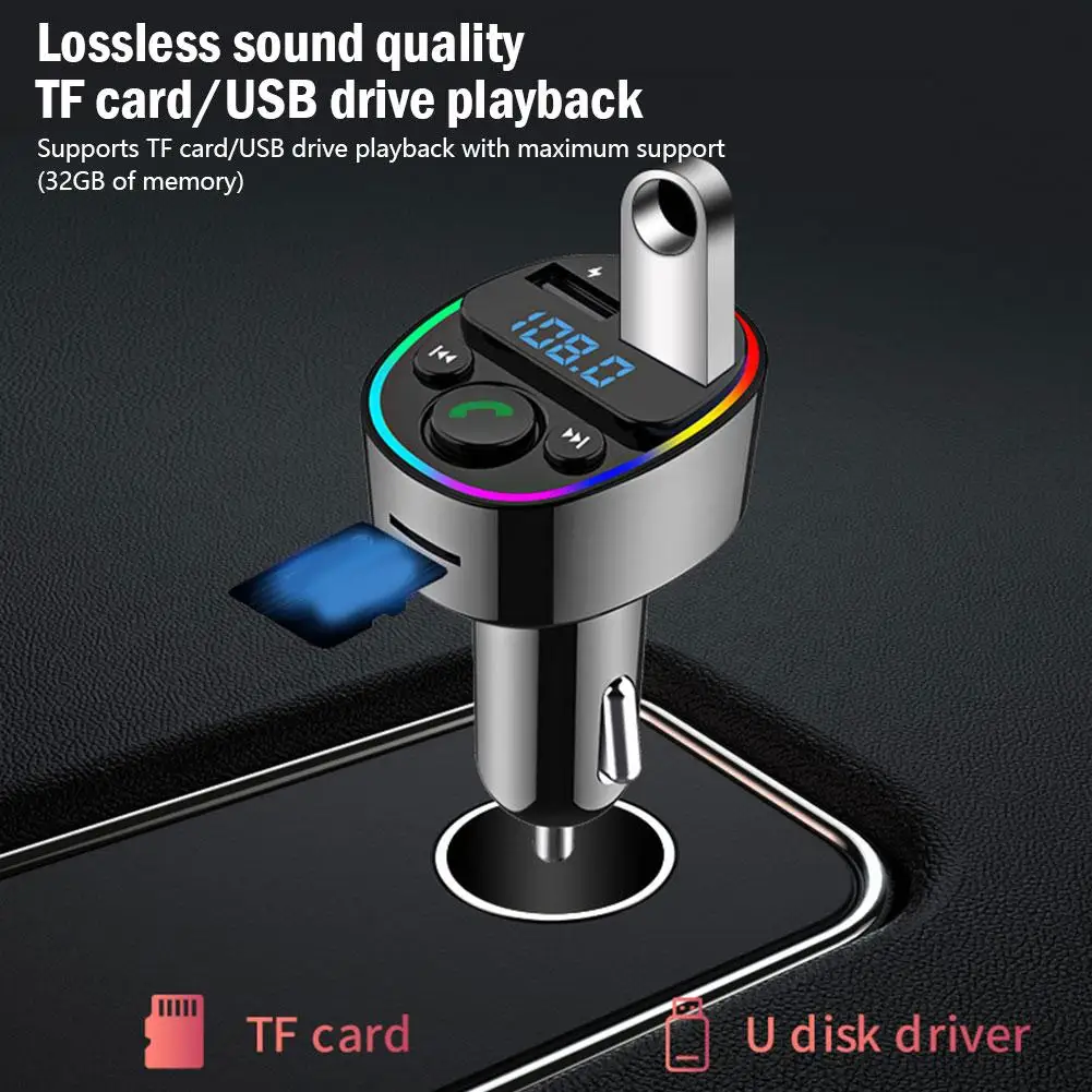 

FM Transmitter Bluetooth Car Adapter Fast Car Charger Audio Calling Port Music Hands-Free Type-C Dual Colors USB 7 Player L Q3Y1