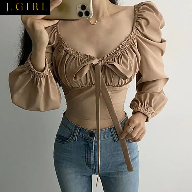 

J GIRLS Chiffon Shirt Women Tops Spring Sexy All-match Square Collar Clavicle Exposed Drawstr Pleated Puff Sleeve Short Blouse