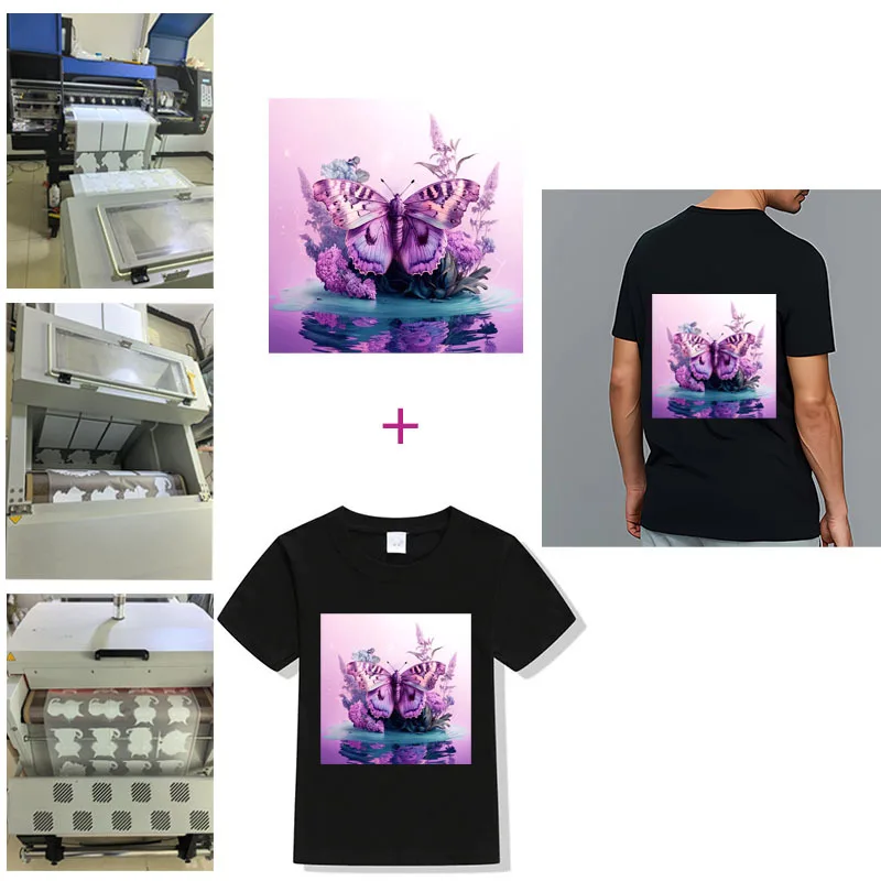 Акварель РадугаФиолетовые бабочки и цветы DTF утюг на термопереносах