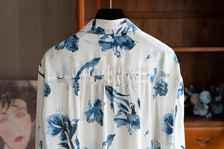 Женская Повседневная Рубашка С Цветочным Принтом Синяя Офисная Блузка Длинным