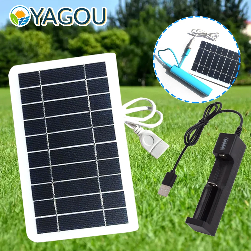 

5V USB Mini Solar Panel 5W Portable DIY Solar Charger for Fan Battery Cell 18650/18500/18350/16650/16340/14650/14500 Camping