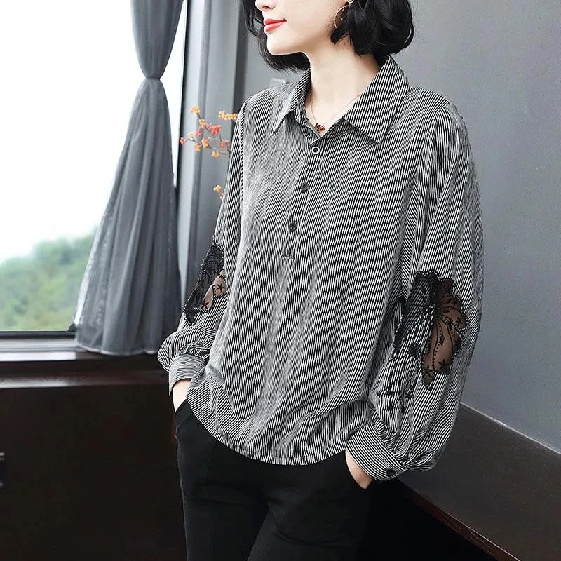 

M-6XL Spring Stripe Openwork Embroidery Women Blouse Long-Sleeved Summer New Fashion Women's Loose Shirt Casual Large Size Tops
