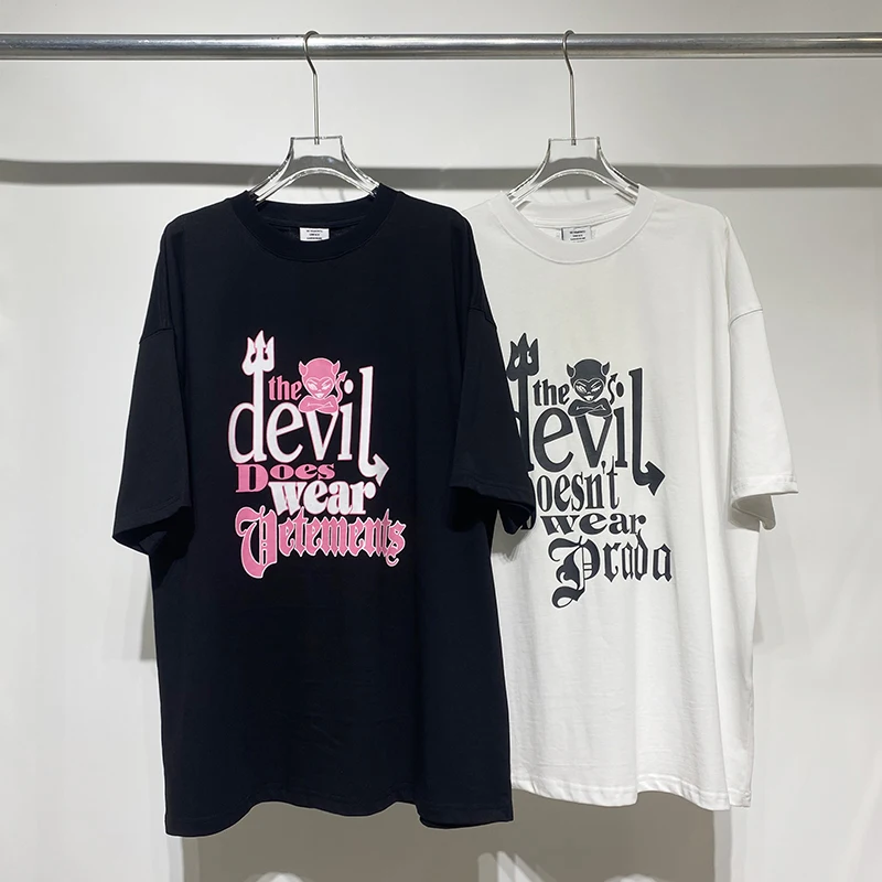 

Уличные черно-белые футболки с коротким рукавом с принтом дьявола для мужчин и женщин, повседневные модные футболки VTM