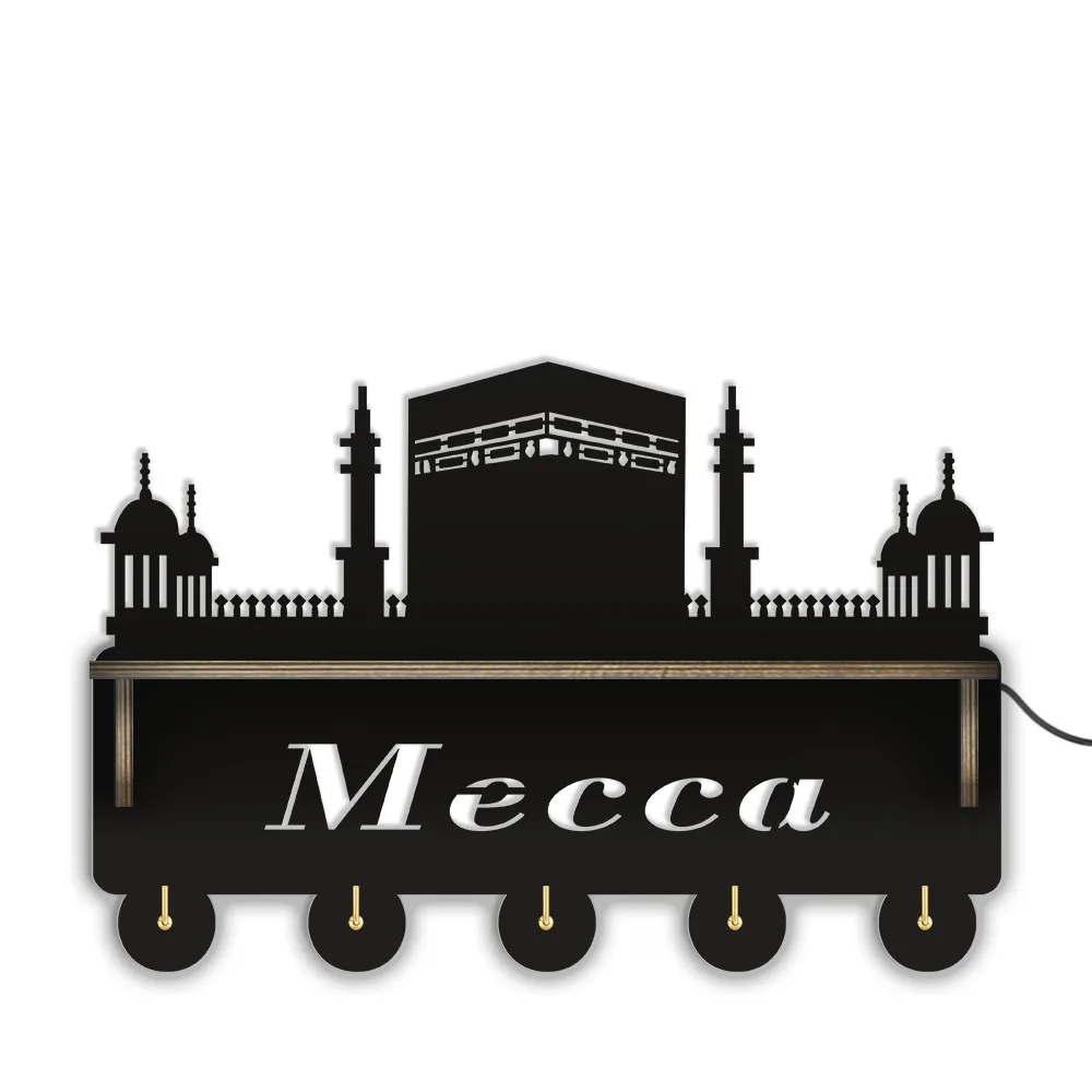 

Mecca Skyline Key Holder With 5 Hooks Saudi Arabia Home Decor Key Shelf Holder Sacred Landscape Islam Building Wood Display Rack