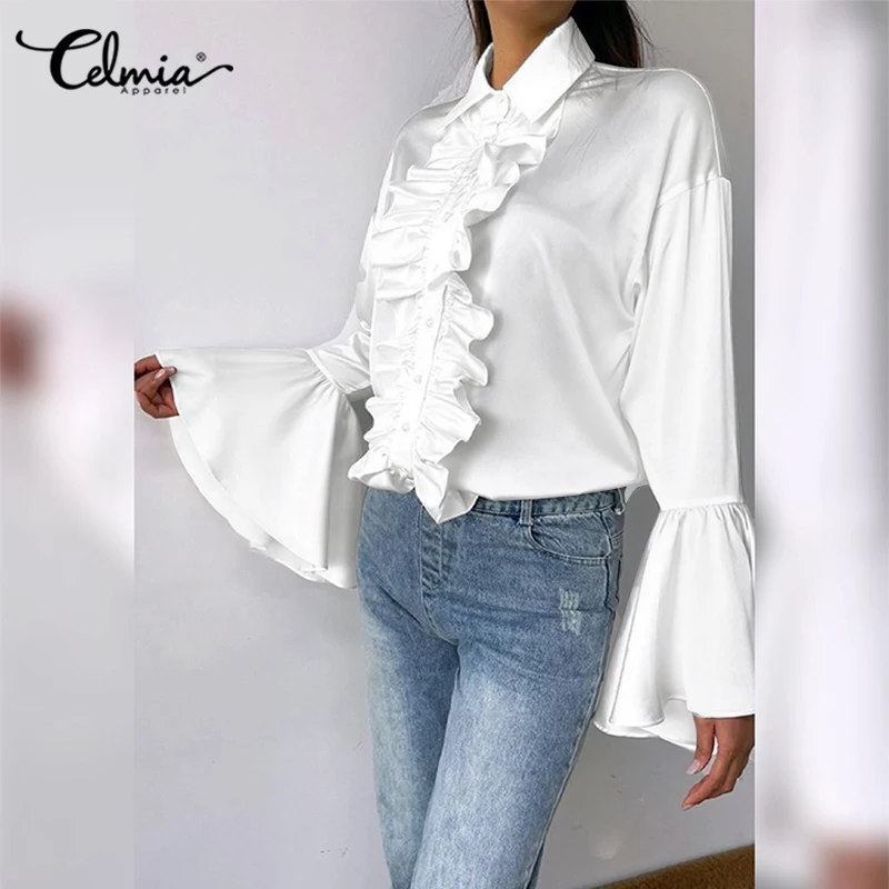 

Celmia Casual Loose Pleated Tops Satin Women OL Spring Blusas Ruffled Long Flared Sleeve Lapel Solid Blouses 2022 Fashion Shirts